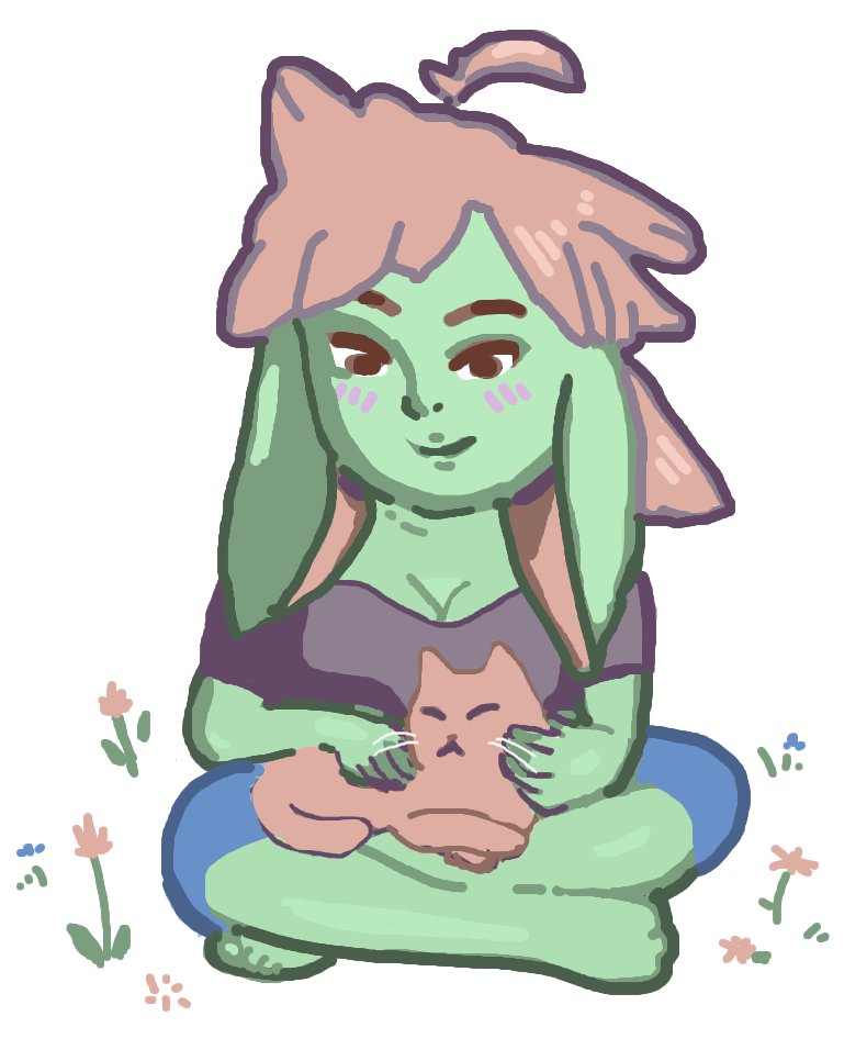 isda a goblin, petting a orange kitty named Zelda
